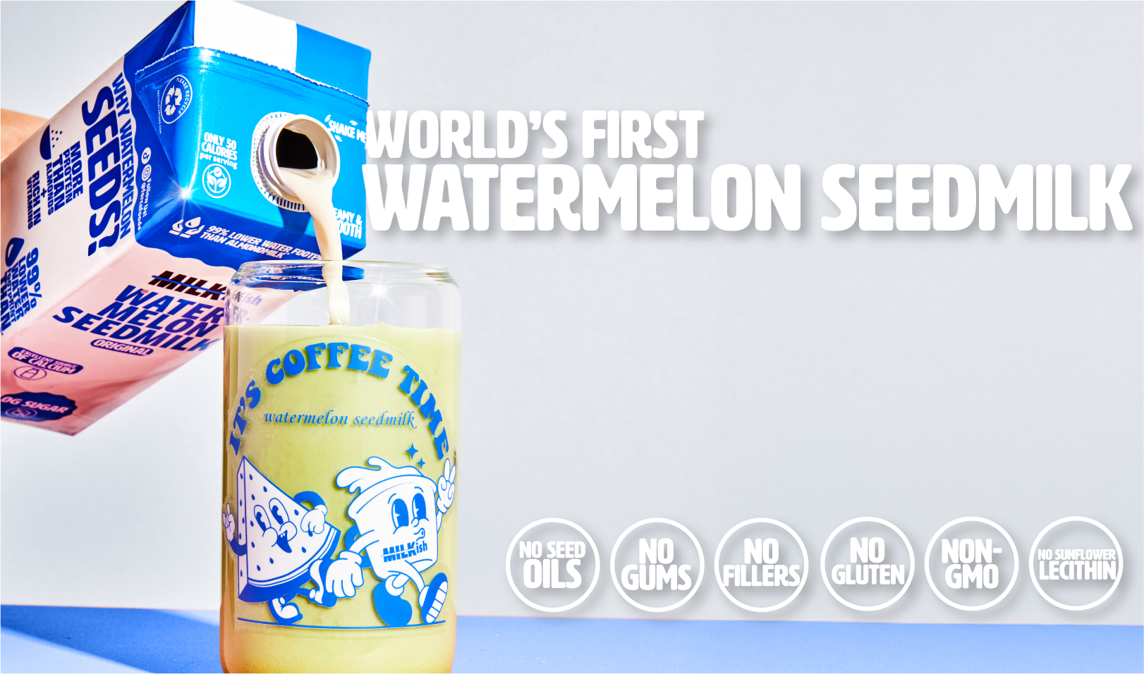 Product packaging with text 'World's First Watermelon Seedmilk' on a light gray background