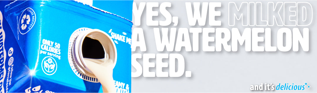 Milk carton with text 'Yes, we milked a watermelon seed' on a white background