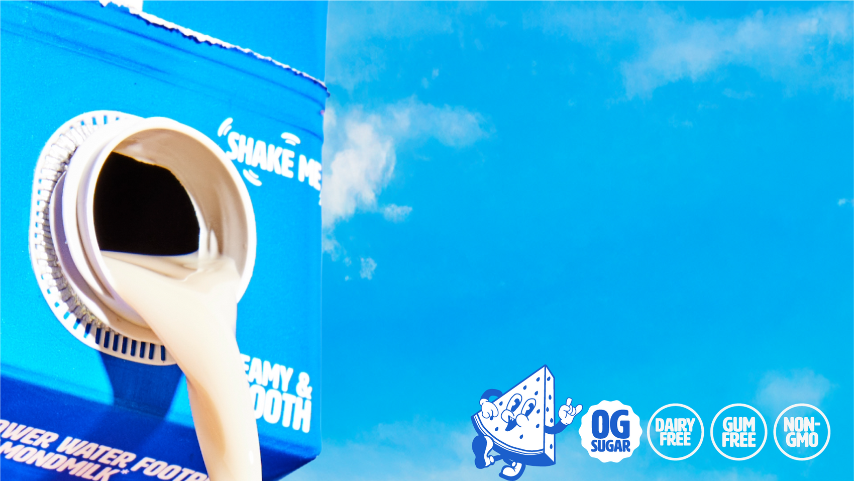 MILKish dairy-free milk alternative pouring into glass showing zero sugar, gum free, and non-GMO benefits