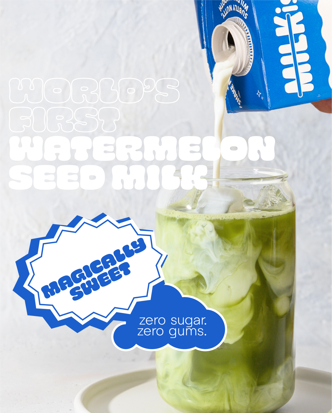 MILKish being poured into a glass of iced matcha with text highlighting its zero sugar and zero gums properties.