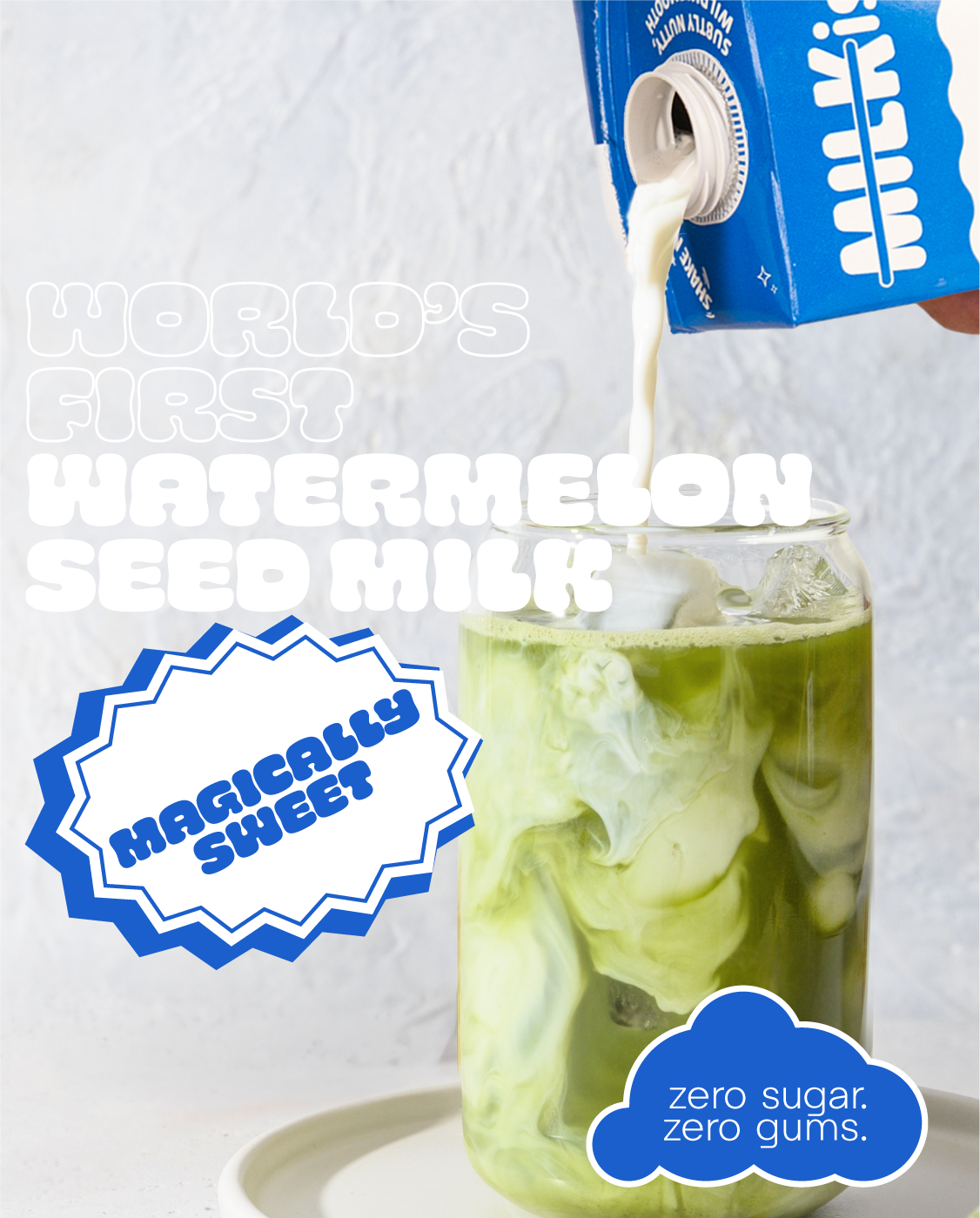 MILKish being poured into a glass of iced matcha with text highlighting its zero sugar and zero gums properties.