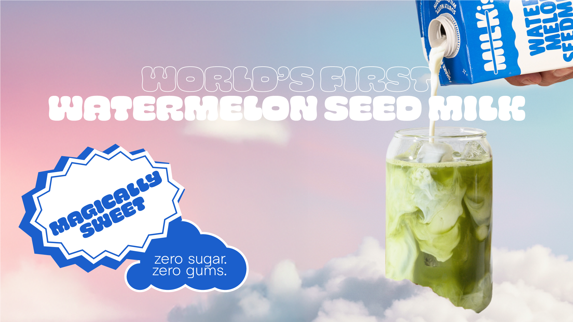 Mason jar with a watermelon seed milk matcha against a sky background, labeled 'World's First Watermelon Seed Milk' and 'Magically Sweet, zero sugar, zero gums'.