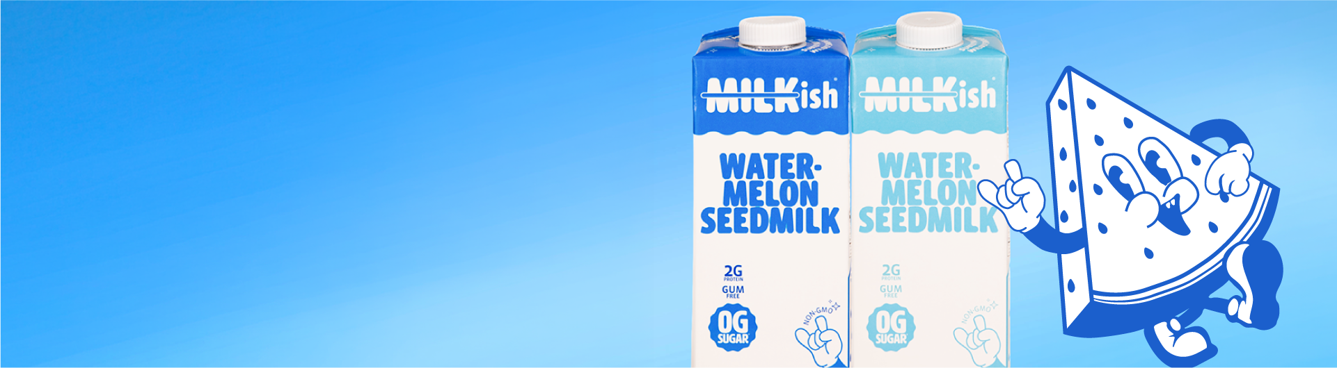 Two cartons of Milkish Watermelon Seedmilk with a cartoon character on a blue background