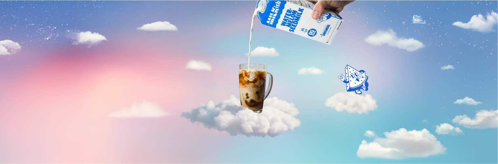 Person pouring milk from a carton into a glass of coffee on a cloud background