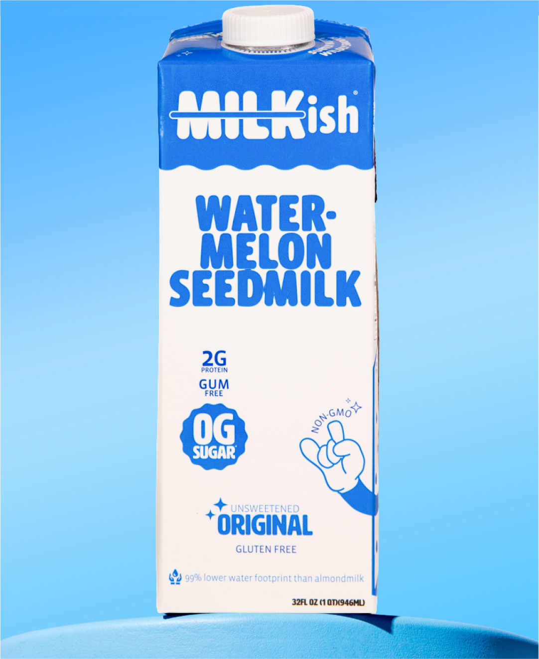 Carton of Milkish watermelon seedmilk on a blue background