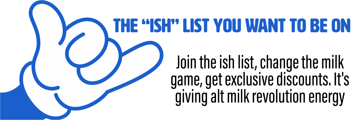 Blue hand making a peace sign with text about joining an 'ish' list for exclusive discounts.